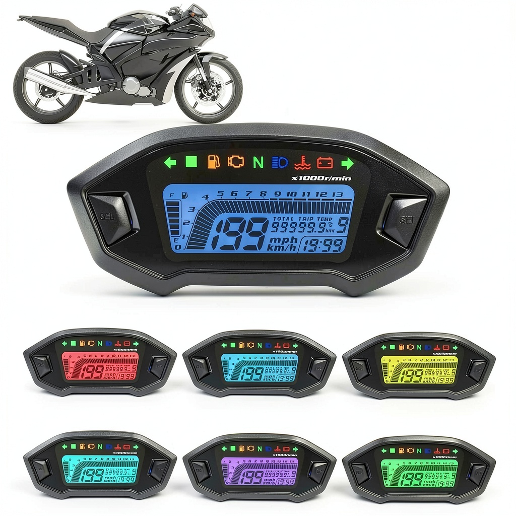 Motorcycle digital speedometer on a motorcycle dashboard